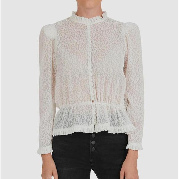 The Kooples White Sheer Velvet Button Top Blouse Flock Leo size S NWT $258 - Picture 1 of 11